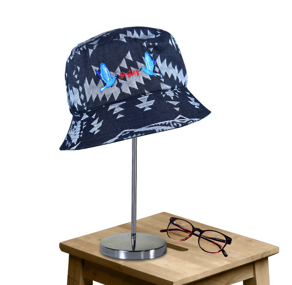 Stylish Bucket Hat and glasses on a stand, perfect for elevating your leisurewear outfit with a touch of sun protection and style.