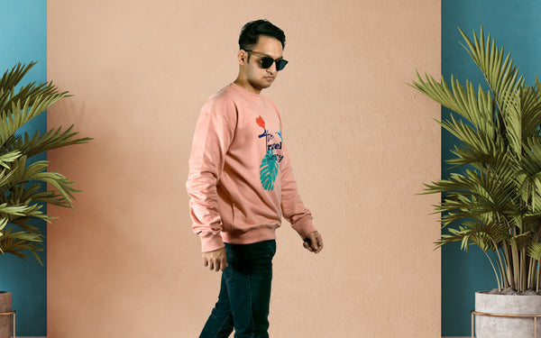 model is weaing peach sweatshirt with nature print by esportpony